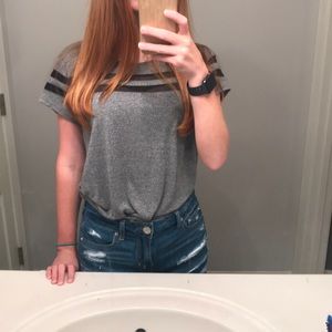 Gray shirt with black mesh stripes